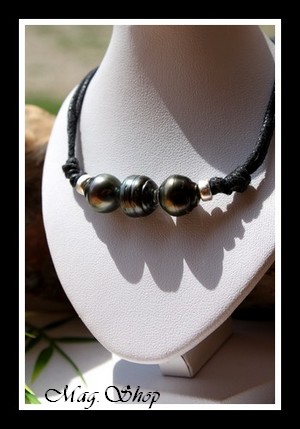 Surfeur Bora-Bora Collier  3 Perles Cerclées-Baroques de Tahiti MAG.SHOP