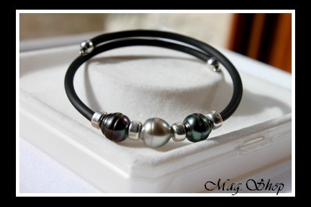 Tahiti Collection  Bracelet Manava 3 Perles Cerclées de Tahiti 7.80mm Intercalaires Argent 925 MAG.SHOP