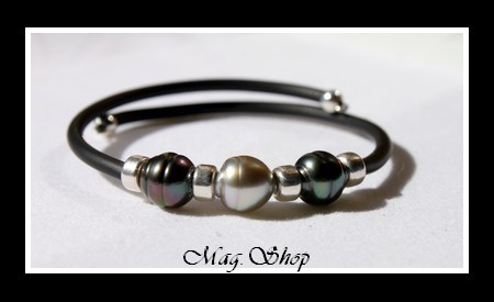Tahiti Collection  Bracelet Manava 3 Perles Cerclées de Tahiti 7.80mm Intercalaires Argent 925 MAG.SHOP