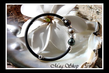 Tahiti Collection  Bracelet Manava 3 Perles Cerclées de Tahiti 7.80mm Intercalaires Argent 925 MAG.SHOP
