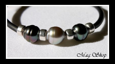 Tahiti Collection  Bracelet Manava 3 Perles Cerclées de Tahiti 7.80mm Intercalaires Argent 925 MAG.SHOP