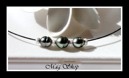 Tahiti Collection  Collier Maeva 3 Perles Cerclées de Tahiti Argent 925 Strass MAG.SHOP