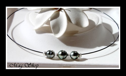 Tahiti Collection  Collier Maeva 3 Perles Cerclées de Tahiti Argent 925 Strass MAG.SHOP