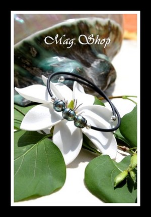 Tahiti Collection Manava Bracelet 3 Perles Cerclées de Tahiti Reflets Verts MAG.SHOP
