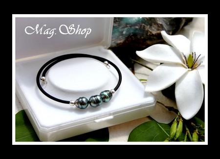 Tahiti Collection Manava Bracelet 3 Perles Cerclées de Tahiti Reflets Verts MAG.SHOP