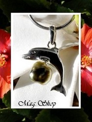 Keishis Collection / Pendentif Dauphin Tefatua / Argent Rhodié 925 (0.60g) Perle Keishi de Tahiti Baroque 6mm/A Reflets Dorés/Ocres / Cordon Cuir Noir Offert (photos contractuelles)