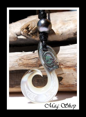 Teinaki Collier Hameçon Tiki Nacre & Perle de Tahiti Modèle 5 MAG.SHOP