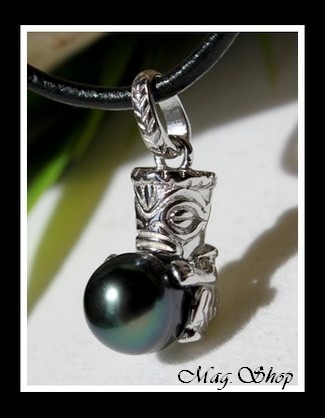 TIKI Tatoué Argent Rhodié 925 Collier Perle Baroque de Tahiti MAG.SHOP