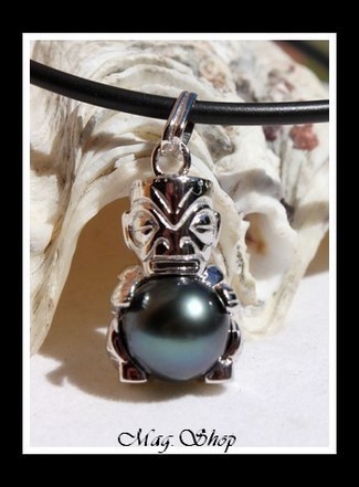 TIKI Tatoué Argent Rhodié 925 Collier Perle Ronde de Tahiti Gris Bleus MAG.SHOP