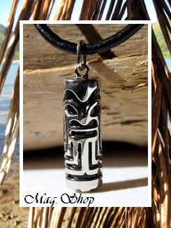 TIKI Collection / Collier TIKI Marquisien / Pendentif Argent Rhodié 925 (5.30g) & ONYX Véritable H:3.3cm / Cuir Noir (photos contractuelles)