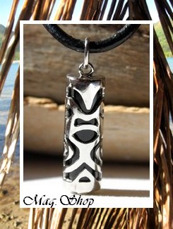 TIKI Collection / Collier TIKI Marquisien / Pendentif Argent Rhodié 925 (5.30g) & ONYX Véritable H:3.3cm / Cuir Noir (photos contractuelles)