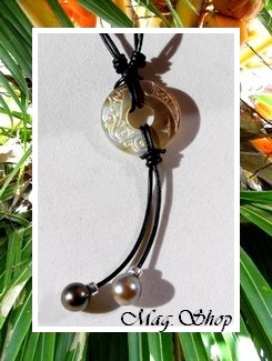 Lagon Collection / Collier Tuamotu Vagues Nacre de Tahiti 3cm & 2 Perles Baroques de Tahiti BC / Inter Argent 925 (0.36g) / Taille Réglable Cuir Noir (photos contractuelles)