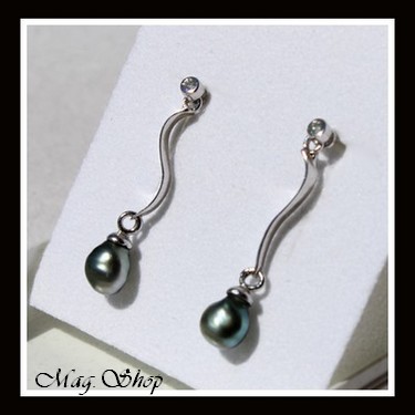Ururoa Boucles d`Oreilles Argent Rhodié Zircons Perles Keishis de Tahiti Reflets Verts MAG.SHOP