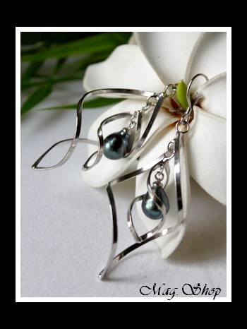 Vahitahi Boucles D`oreilles Argent Rhodié 925 2 Perles Cerclées de Tahiti Reflets Verts Foncés MAG.SHOP