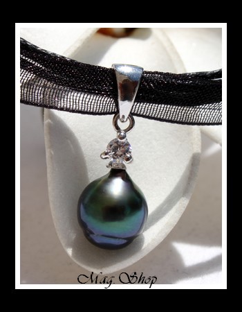 Vaitoare Argent Rhodié 925 Zircon Collier Perle Baroque de Tahiti MAG.SHOP