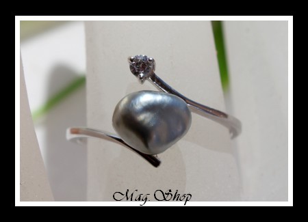 Vaitoare Bague Argent Rhodié 925 Zircon Perle Keishi de Tahiti Modèle 2 MAG.SHOP