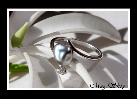 Vaitoare Bague Argent Rhodié 925 Zircon Perle Keishi de Tahiti Modèle 2 MAG.SHOP